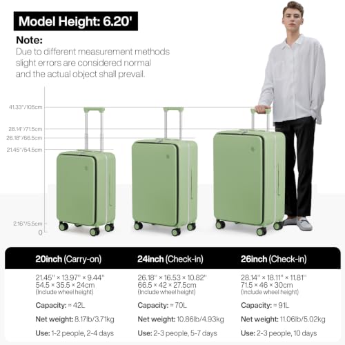 mixi 24 Inch Checked Luggage PC Hard Shell Suitcase Top Opening Aluminum Frame Travel Suitcases with Wheels, Avocado Green - color: Avocado Green, size: 24 inch