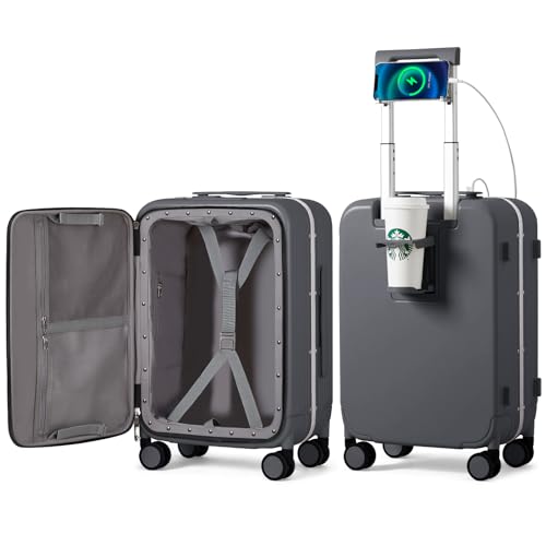 mixi Carry On Luggage with Cup Phone Holder and Charger Hard Shell Suitcases with Spinner Wheels,20 Inch Rock Gray - color: Rock gray, size: 20-inch