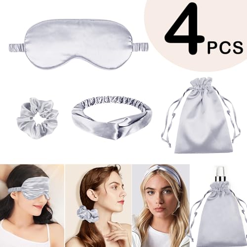 4Pcs Silk Sleep Masks Satin Eye Mask Silky Eyes Cover Blindfold Eyeshade Headband Scrunchies Pouch Bags Bridesmaid Gifts - color: Light Grey