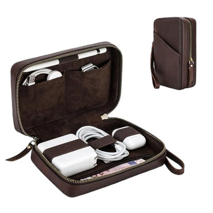 Acidea Full Grain Leather Electronics Accessories Storage Box Travel Cable Organizer Pouch, Charger Roll Up Case with Zippers Leather Tech Organizer for Power Bank, USB, Cables, Travel Essentials
