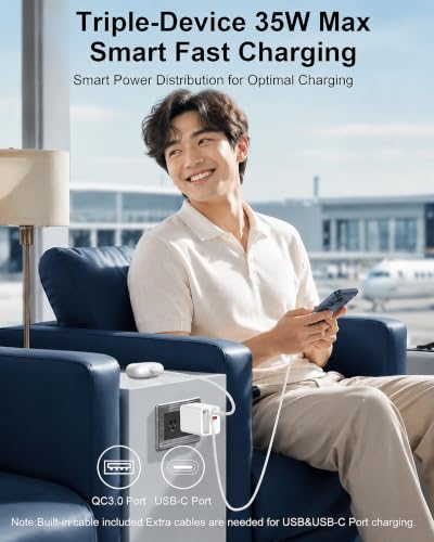 35w Retractable iPhone Wall Charger USB C, 3-in-1 Fast Charging Bloc | Built-In Retractable Cable, Usb-C & Usb-A Multi Ports, Foldable Plug Travel Ac Power Adapter For Apple 17e 17 Pro 16e 16 15 - color: Retractable Wall Charger-White