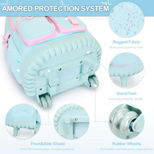 DIGOBAY Rolling Backpack for Girls with Lunch Bag & Pencil Case - color: Quamarine-pink