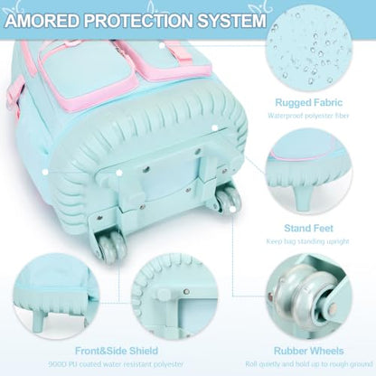 DIGOBAY Rolling Backpack for Girls with Lunch Bag & Pencil Case - color: Quamarine-pink