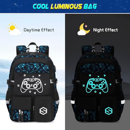 Scothen Boys Backpack, Cool Luminous Kids School Backpacks with Lunch Bag - color: Blue Pattern
