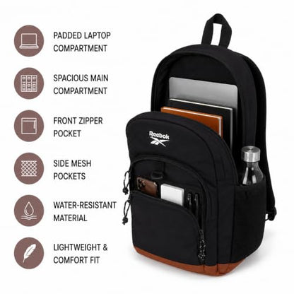 Reebok Travel Backpack Water Resistant Everyday Bag with Laptop Sleeve - color: Harber Black