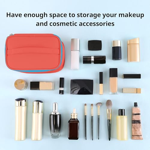 Meiyuuo Travel Makeup Bag for Women, PU Leather Cosmetic Bag, Red - color: Orange Red