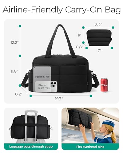 BAGSMART Gym Bag for Women, 2-PC Puffer Travel Duffle Bag Carry On Tote Bag - color: Black