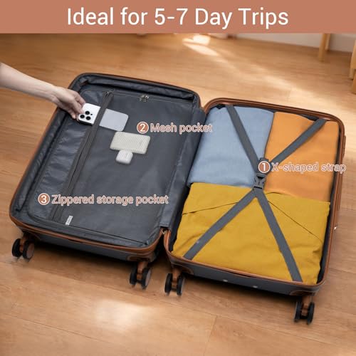 Kono Large Suitcase 28in Expandable ABS+PC 8pcs Silent Wheels Navy/Brown - color: Navy, size: Checked-Large 28-Inch