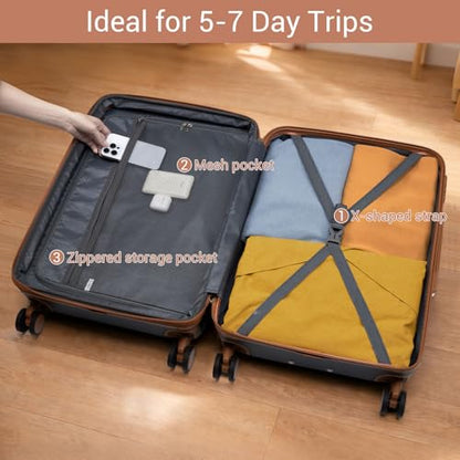 Kono Large Suitcase 28in Expandable ABS+PC 8pcs Silent Wheels Navy/Brown - color: Navy, size: Checked-Large 28-Inch