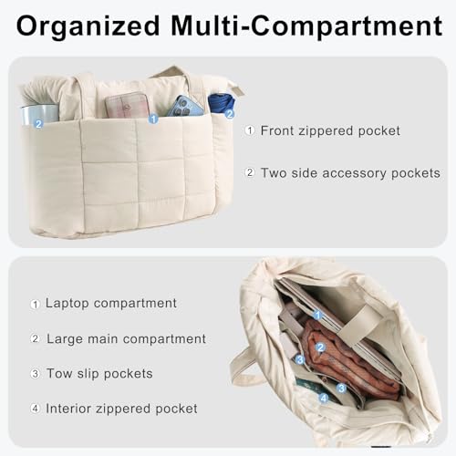 U+U Puffer Tote Bag for Women, Quilted Work Tote with Compartments - color: Cream