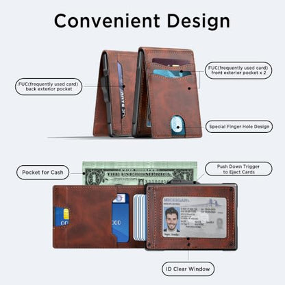 Wallet for Men, Minimalist Leather RFID Blocking Bifold Wallet, Cash Slot - color: Reddish brown