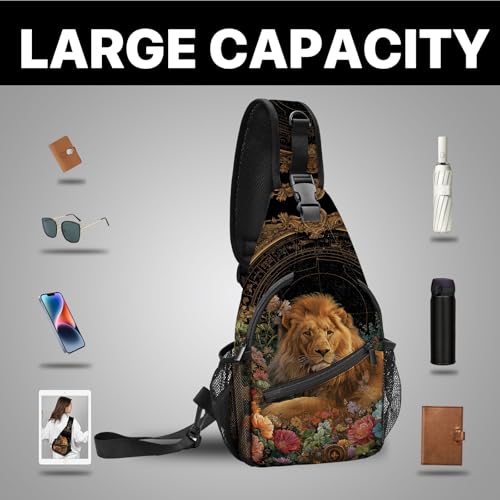 Yrebyou Lion Sling Bag for Women Lightweight Crossbody Backpack with Adjustable Strap Casual Daypack Roomy Capacity Breathable for Travel Work Daily Use - color: Gold