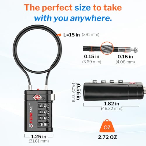 Forge Open Alert TSA Approved Luggage Locks, 2 15'' Cable Lock - color: Black Long 2 PK