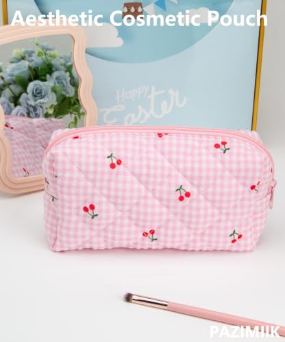 PAZIMIIK Small Quilted Makeup Bag,Zipper Cosmetic Pouch,Gingham Pink Cherry - color: Gingham Pink Cherry