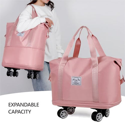 Expandable Foldable Duffel Bag with Detachable Rolling Wheels, Large Carry-On Luggage for Travel, Gym, Camping, Shopping, Business Trip (Pink) - color: pink
