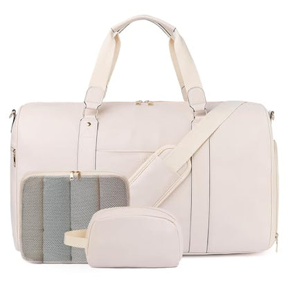 3‑PCS Leather Duffle Bag for Travel, Weekender Overnight Gym Bag Men Women - color: White