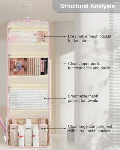 Relavel Hanging Toiletry Bag for Women, Large Striped Makeup Travel Bag - color: 01 Pink Strip, size: Large