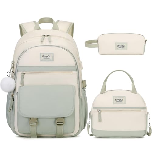 Bevalsa Backpack for Girls, 3PCS School Backpacks with Lunch Box | Pencil Pouch for Teens Girl Kids Elementary Middle High School College Student Bookbag Daypack - color: Beige Green, size: 15.6 inch