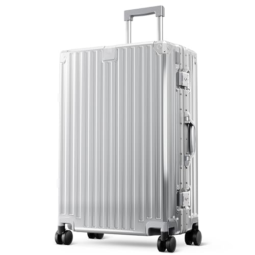 ALPHA CAMP Aluminum Frame Luggage, 24" Medium Checked Zipperless Suitcase - color: Silver, size: 24 Inch