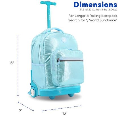 J World Sunrise Kids Rolling Backpack with Wheels for Girls Boys, Roller Bookbag for School, 18 x 13 x 9 Inches, Metallic Teal - color: Metallic Teal