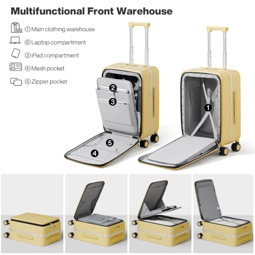 mixi Carry On Luggage, 20'' Suitcase with Front Pocket, Travel Rolling Luggage Aluminum Frame PC Hardside with Spinner Wheels & TSA Lock and Cover - Lark Yellow - color: Lark Yellow, size: 20-inch