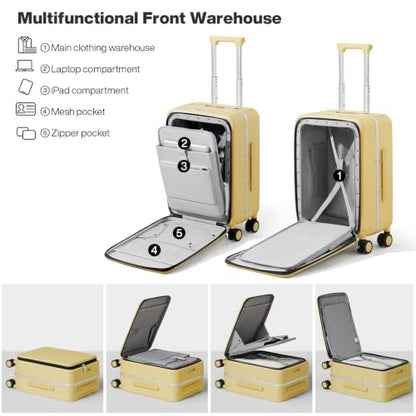 mixi Carry On Luggage, 20'' Suitcase with Front Pocket, Travel Rolling Luggage Aluminum Frame PC Hardside with Spinner Wheels & TSA Lock and Cover - Lark Yellow - color: Lark Yellow, size: 20-inch
