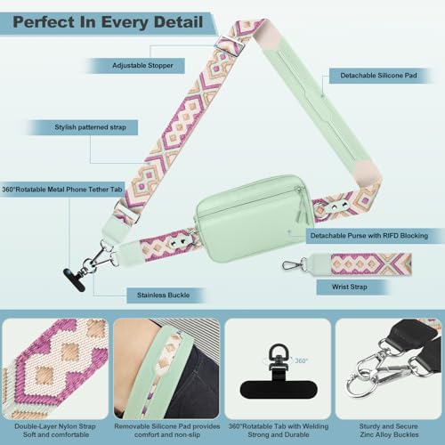 YFWE Clip and Go Strap for Phone with Wallet Crossbody, Adjustable Phone Lanyard with Detachable RFID Wristlet Wallet, Pattern Strap - Green (L) - color: Green-pattern Strap, size: Large