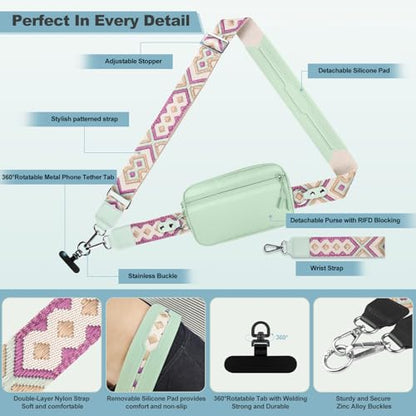YFWE Clip and Go Strap for Phone with Wallet Crossbody, Adjustable Phone Lanyard with Detachable RFID Wristlet Wallet, Pattern Strap - Green (L) - color: Green-pattern Strap, size: Large