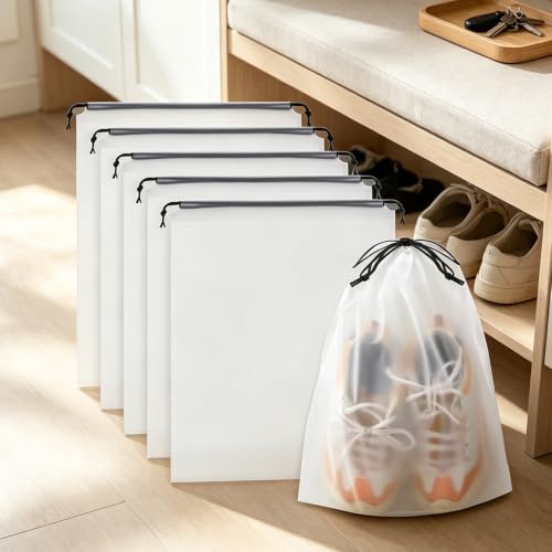 5 Pack Shoe Bags for Travel 15.7' x 11.8' Clear Waterproof Travel Shoe Bags for Packing Large Drawstring Storage Essentials Men Women clear pouches (White)