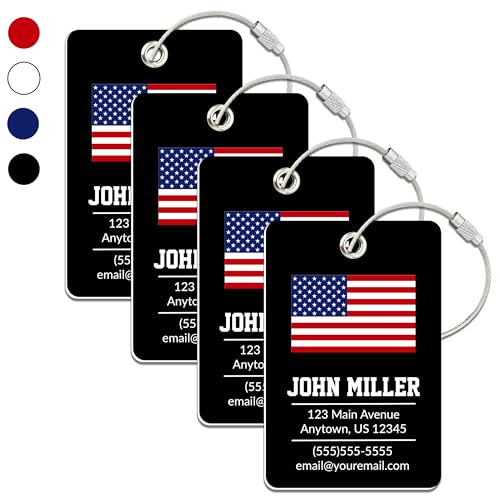 Personalized Luggage Tag with American Flag | 4 Pack | Custom Luggage Tags for Suitcases | Kids Backpack Tag | 4 Color Options & Choose Font, Font Color - color: Black, size: 4 pack - Large