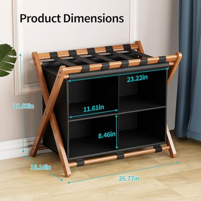 Bamboo Luggage Rack with 4 Storage Compartments, Foldable Suitcase Stand for Guest Room, 150lbs Capacity, Sturdy, Space-Saving and Easy to Assemble Organizer - color: Walnut 1 Pcs