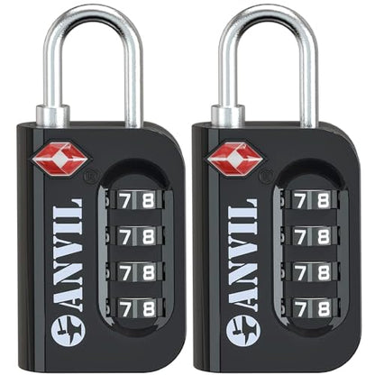 ANVIL TSA Approved Luggage Lock - 4 Digit Combination, 10,000 Combinations, Easy-Read Password Window, Travel Lock for Suitcases, Backpacks, Gym & Student Lockers, Baggage - color: BLACK 2 PACK