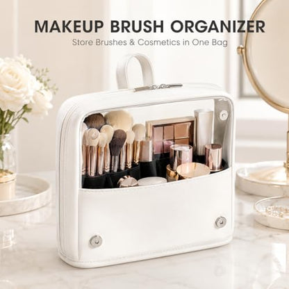 YDR Clear Makeup Brush Bag, High Capacity Stand Up Makeup Brush Holder, Travel Professional Cosmetic Brush Organizer Case, Foldable Makeup Tool Bag for Women and Artists - color: White