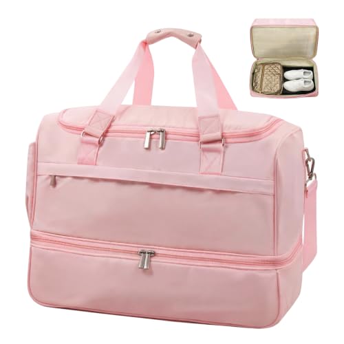Travel Duffle Bag for Women, Carry-On Weekender with Shoe Compartment - color: Pink