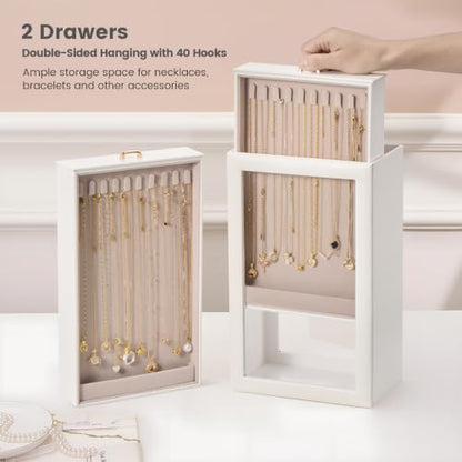 Lolalet Necklace Organizer Box, Jewelry Display Case, White, 4 Layers - color: White, size: 4 Layers, 40 Hooks