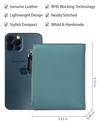 Women's RFID Blocking Leather Small Compact Bi-fold Zipper Pocket Wallet Card Case Purse with id Window - color: Lichee Gray Blue