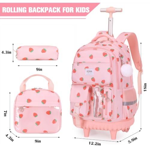 ACESAK Rolling Backpack for Girls with Lunch Box Pencil Case - color: Pink Strawberry