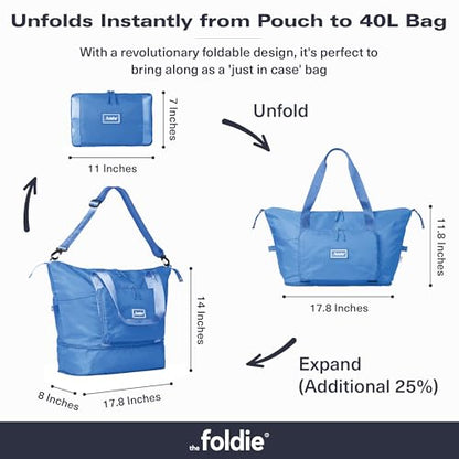 The Foldie Foldable Travel Bag for Women - 40L Weekender Bag with Multiple Pockets - Carry On Expendable Travel Bag - color: Azure
