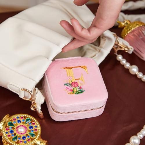 Smileshe Personalized Gifts for Mom Mothers Day, Birthday, Graduation Gifts for Girls Fashion, Travel Gifts for Teen Girls Trendy Stuff, Velvet Jewelry Box with Flower, Letter F, Pink - color: PlushVelvet Pink-F