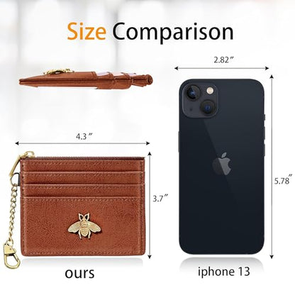 SEAVILIA Card Holder Keychain Wallet for Women with ID Window RFID Coin Purse Bee Gifts Slim Minimalist Small Wallet - color: Brown