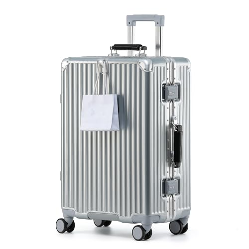 HotWay 26 Inch Checked Luggage with Leather Handle,Silver | Checked Luggage,Zipperless,Hardside,Leather Handle,8 Spinner Wheels,TSA Locks,For Long Trip,Silver - color: Silver (Black Leather), size: Checked in 26inch