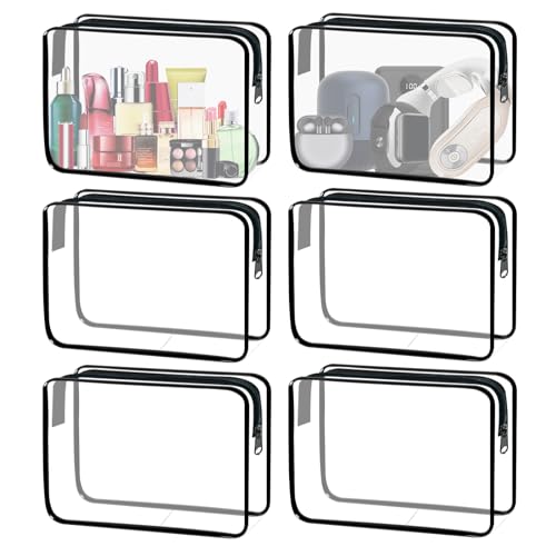 6 Pieces Clear Cosmetics Bag Bulk, TSA Approved Toiletry Bag for Travel, Zippered Clear Pouch Cosmetic Makeup Bag Waterproof Vinyl Plastic Organizer Case for Vacation Bathroom (Large) - color: 6 Large Black