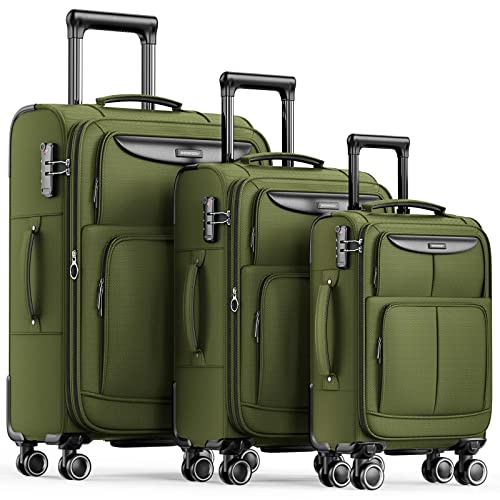 SHOWKOO Luggage Sets 3 Piece Softside Expandable Durable Suitcase Sets - color: Olive Green