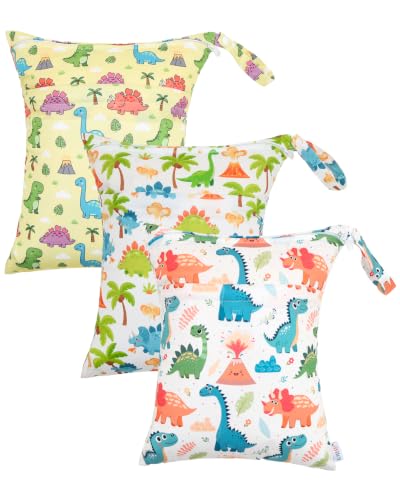 ALVA 2pcs Wet Dry Bags for Diaper Bag Waterproof Reusable with Two Pockets - color: Cute Dinosaurs