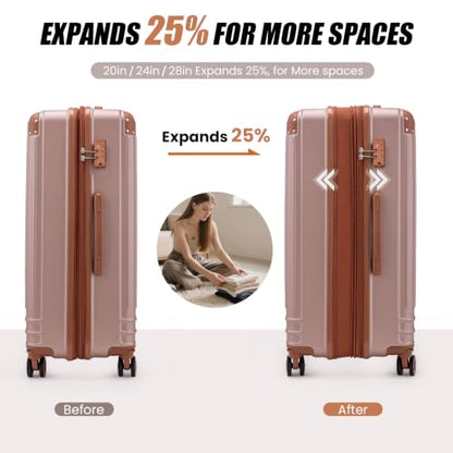 KUNEL Luggage Sets 5 Piece, Hardshell Expandable Suitcase, 20/24/28inch - color: RoseGold