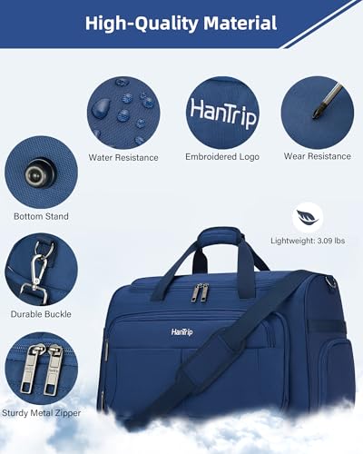 HanTrip 21 Inch Carry On Duffel Bag Foldable Overnight Tote Bags, Blue - color: Blue, size: Carry-on 21.5-Inch