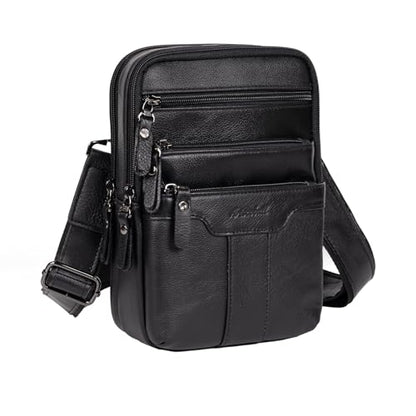 Leather Messenger Bag for Men, Small Leather Sling Shoulder Bag Messenger Pack for Men, Man Purse - color: Medium Black