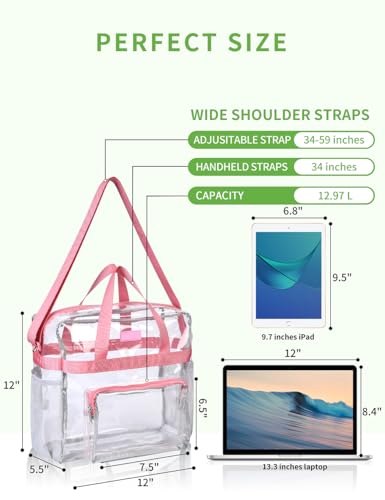 Bagenius Clear Tote Bag, 12x5.5x12 Inches Satchel Bag Stadium Approved - color: Pink