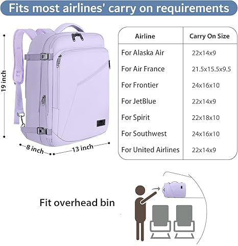 MATEIN Light Purple Carryon Backpack, 40L Airplane Approved Travel Backpack - color: Light Purple, size: X-Large