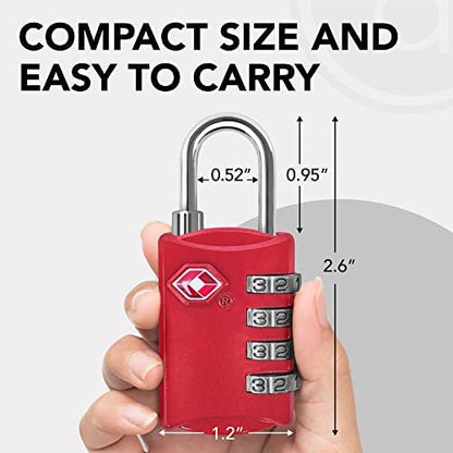 TSA Luggage Locks 2 Pack – 4-Digit Steel – Red | Keyless padlock for backpacks, travel suitcases, toolbox, filing cabinets, baggage & gym locker